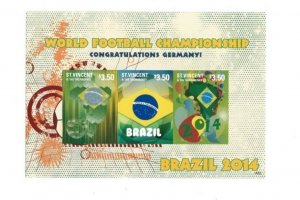 St. Vincent 2014 - World Cup Football, Brazil - Imperf - Sheet of 3 Stamps - MNH