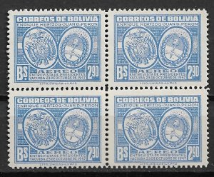 1947 Bolivia C118 Bolivia/Argentina Arms MNH block of 4