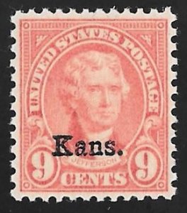 667 9 cents Jefferson, Orange Red Kansas Stamp mint OG NH PSE Graded XF 90