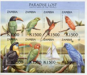 Zambia 2000 MNH Exotic Birds Paradise Lost 8v MS I Aracari Parrots Macaws Stamps