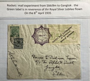 1935 Sikkim India Rocket Flight Experimental Airmail cover To Gangtok