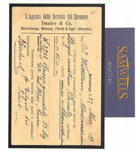 Bavaria BRENNER PASS RAILWAY Agent Postal Stationery 10pf Card EGYPT 1899 MS2740