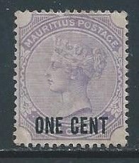 Mauritius #89 MH 2c Queen Victoria Surcharged One Cent