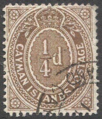 CAYMAN ISLANDS 1908 Sc 31a, used 1/4d, partial cancel