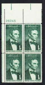 1958-59 Abraham Lincoln Plate Block Of 4 1c Postage Stamps, Sc# 1113, MNH, OG