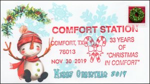 19-286, 2019, Christmas, Pictorial Postmark, Event Cover, Comfort TX, Snowman