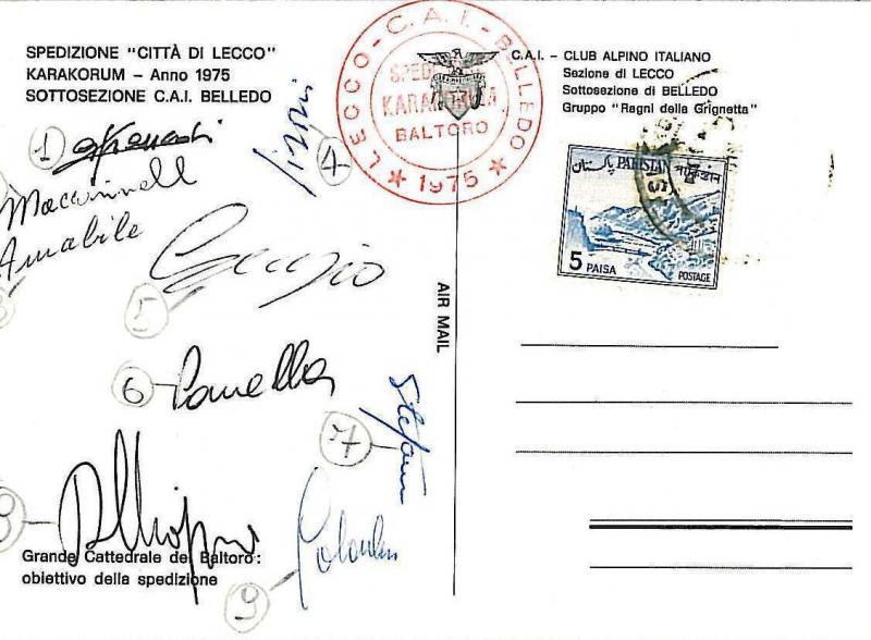 MOUNTAINEERING - Postal History : ITAIAN EXPEDITION to PAKISTAN 1975