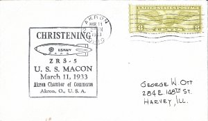 Mar 11 1933 Cover, Christening of USS Macon, Akron OH cancel