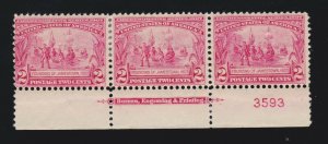 US 329 2c Jamestown Exposition Mint Bottom Plt #3593 Strip 3 F-VF OG H SCV $105