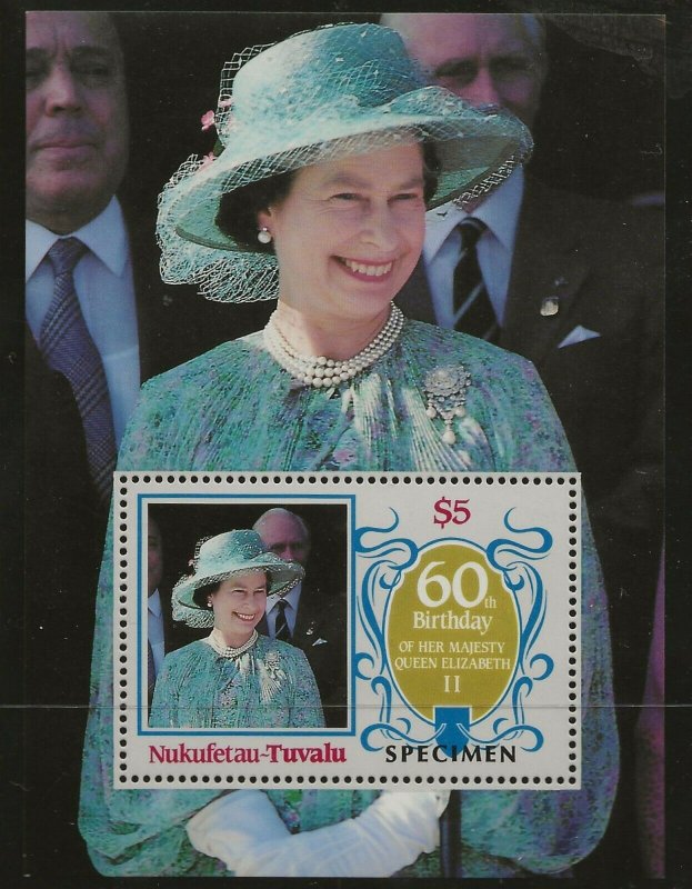 NUKUFETAU-TUVALU 1986 60TH BIRTHDAY QUEEN ELIZABETH,SOUVENIR SHEET O/P SPECIMEN 