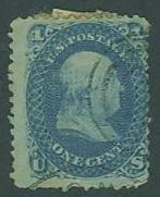 USA SC#86 Ben Franklin, 1c, blue, E Grill, lightly canceled 