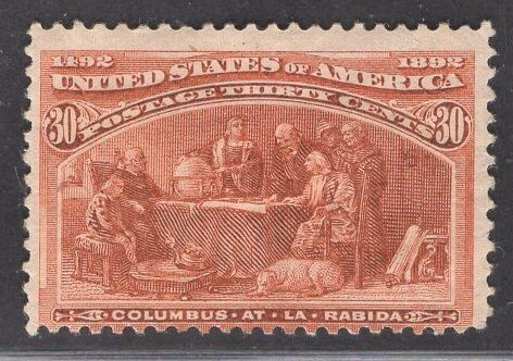 US Stamp #239 30c Orange Brown Columbus at La Rabida MINT HINGED SCV $225.00