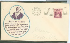 US 784 1936 3c Susan B. Anthony, Women's Suffrage (single) on an addressed FDC with a Broadway stamp company (First) cachet