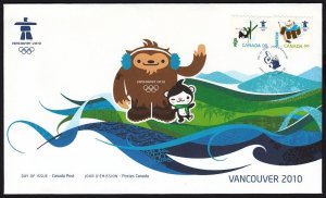 OLYMPIC MASCOTS = Vancouver 2010 Official FDC with 2 stamps Canada 2009