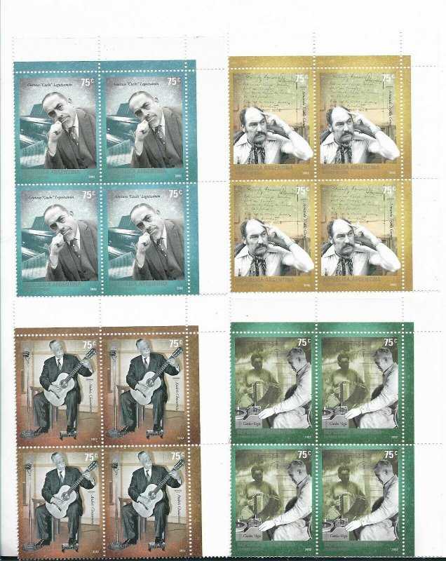 ARGENTINA 2002 MUSICIAN FOLKLORISTS 4 VALUES IN BLOCKS OF FOUR MNH 