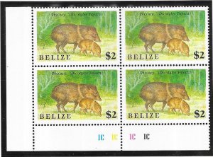 Belize  #915 $2 Peccary  margin block of 4 (MNH) CV $31.00