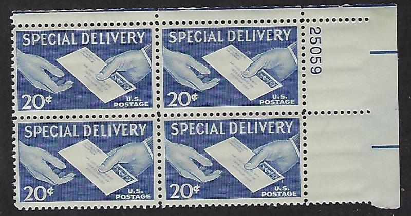 E20 Catalog # Special Delivery Plate Block of 4 20 Cent Stamps Envelope Blue