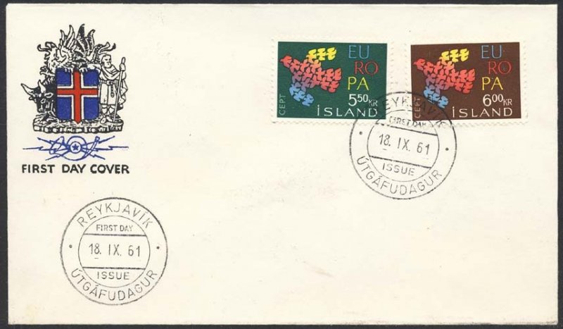 Iceland 1961 Sc 340-1 Europa CEPT Dove Reykjavik CDS FDC HR