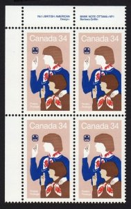 GIRL GUIDES, HISTORY = Canada 1985 # 1062 MNH UL Block of 4