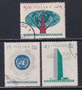 Poland 1957 Sc 761-3 United Nations N Y Building Globe Tree Emblem Stamp CTO