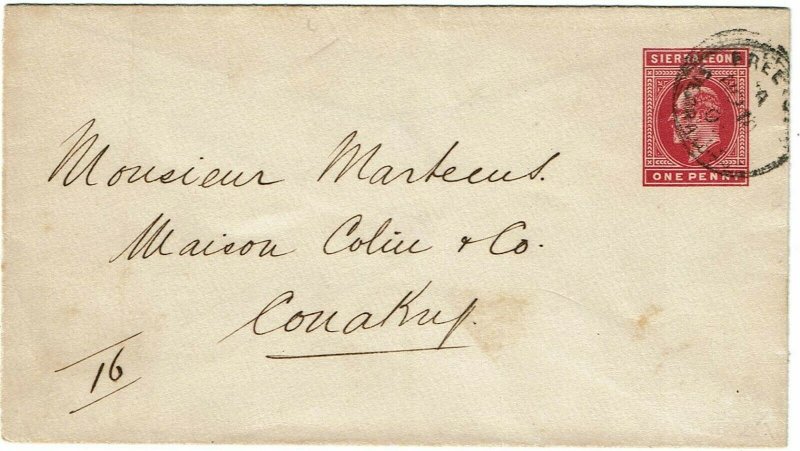 Sierra Leone 1903 Freetown cancel on stationery envelope to FRENCH GUINEA