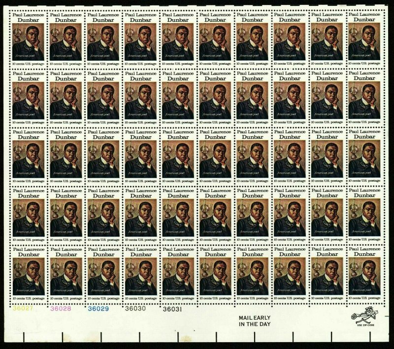 Paul Laurence Dunbar Sheet of Fifty 10 Cent Postage Stamps Scott 1554 