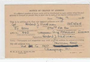 Postal Card WW 2 War Department Notice of Change of Address Form Used 1944