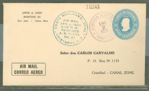 Costa Rica  1926 10c blue envelope; First Flight C.R. to Canal Zone Jan 2, 1926.