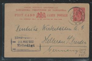 TANGANYIKA (P2908B) 1932 KGV 15C PSC, SCARCE CARD, SENT ARUSHA TO GERMANY