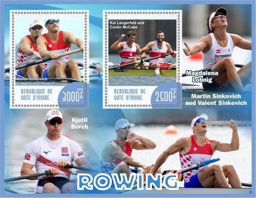 Stamps. Sports Rowing Ivory Coast 2022 year 1+1 sheet perforated