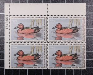 Scott RW52 1985 $7.50 Duck Stamp MNH Plate Block UL 174350 SCV - $60.00