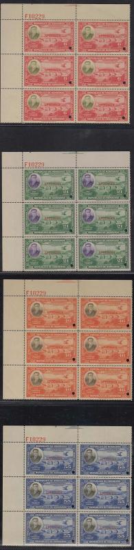 HONDURAS 1937 CARIAS BRIDGE Sc 332-335 CRNR MGNL PLATE# BLOCKS OF 6 SPECIMEN MNH 