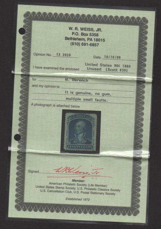 $US Sc#39 M/VF no gum, small faults, Weiss Cert, Cv. $1200