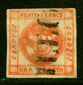 PERU  1858  Coat of Arms  1peseta red  Scott # 8 used  VF nominal cancel