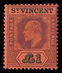 St. Vincent #89 Cat$300, 1904 £1 violet and black, very lightly hinged, sign...