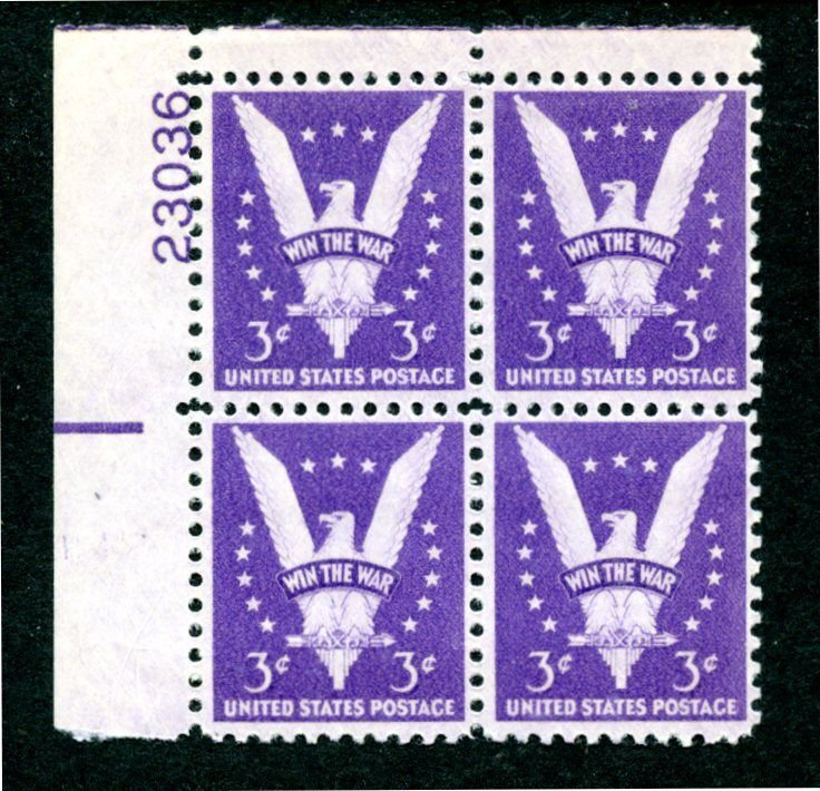 SCOTT  905  WIN THE WAR  3¢  PLATE BLOCK  MINT NEVER HINGED