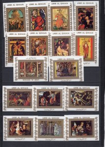 UMM AL QIWAIN 1972 RELIGIOUS PAINTINGS SET OF 16 DELUXE S/S IMPERF. MNH