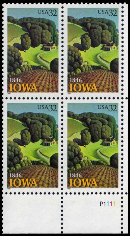 3088 32c  Iowa, Plate Block of 4, LR Mint NH OG  VF