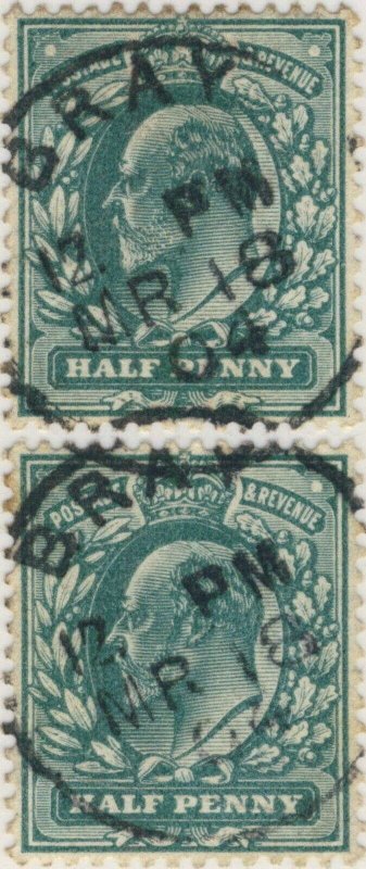 GB/Ireland 1904 BRAY (Co. Wicklow) CDS on KEVII SG 215/6 1/2d blue-green (x2)