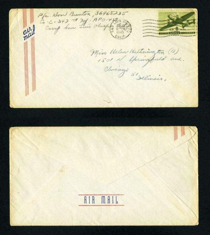 Air Mail Cover from APO 450, Camp San Luis Obispo, California dated 1-18-1945