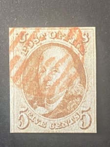 US Stamps - SC# 1B - Used  - Orange Brown - Sound - SCV = $725.00