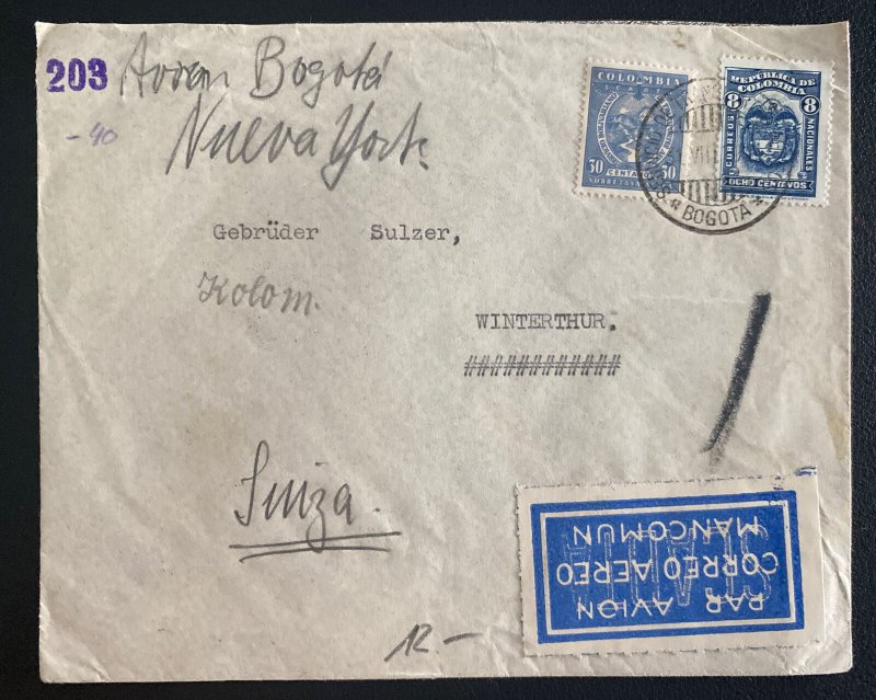 1931 Bogota Colombia Airmail Cover To Winterthur Switzerland