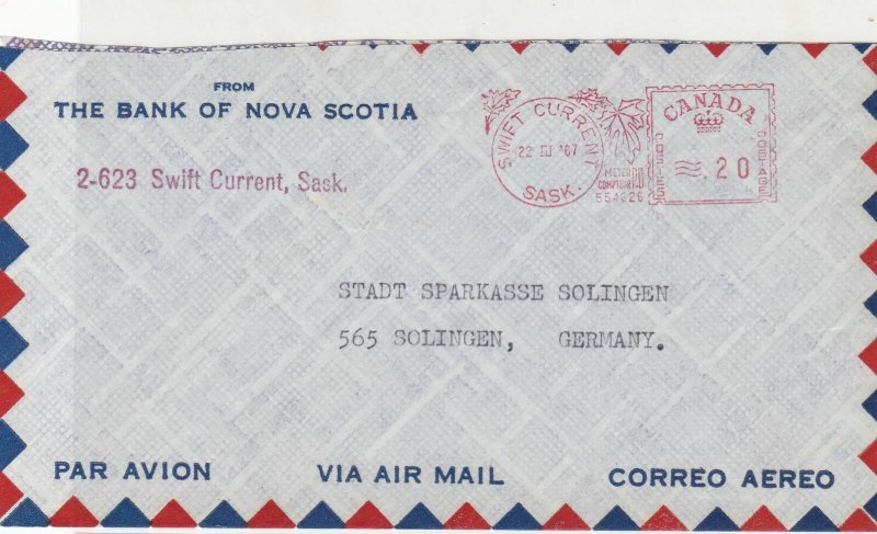 Canada 1967 Bank of Nova Scotia Swift Current Cancel Airmail Stamps Cover R17668