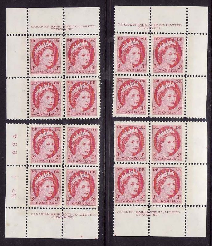 Canada-Sc#339p- id7-unused,NH 3c QEII Wilding-plate #1-tagged W2B-all 4 corners-