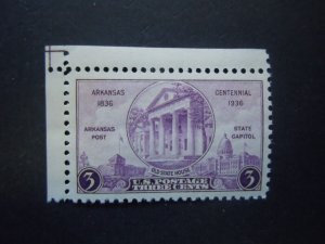 1936 #782 3c Arkansas Centennial MNH OG XF Gem #2a Includes New Mount