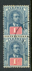 Sarawak 1928  Sir Charles Brooke 1¢ Blue & Rose Wmk Scott #79 Pair VFU F280 ⭐⭐⭐