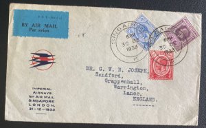 1933 Singapore First Flight Airmail Cover To Warrington England Imperial Airways