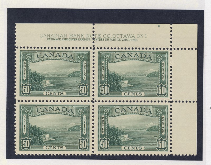 4x Canada  Stamps; #244-50c Plate block #1 UR MNH VF+. Guide Value = $450.00