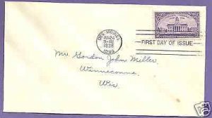 838  IOWA CENTENNIAL 3c 1938, FIRST DAY COVER, UNCACHETED.