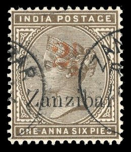 Zanzibar 1895 QV 2½ on 1½a sepia (Type 4 surcharge in red) VFU. SG 36. Sc 24C.